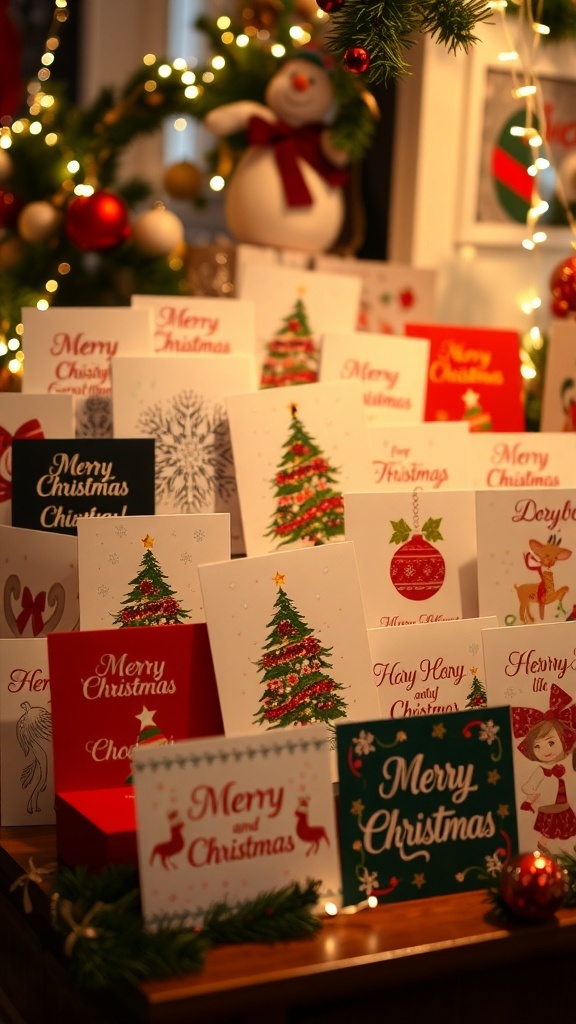 A collection of creatively designed Christmas cards with festive illustrations and elegant typography.